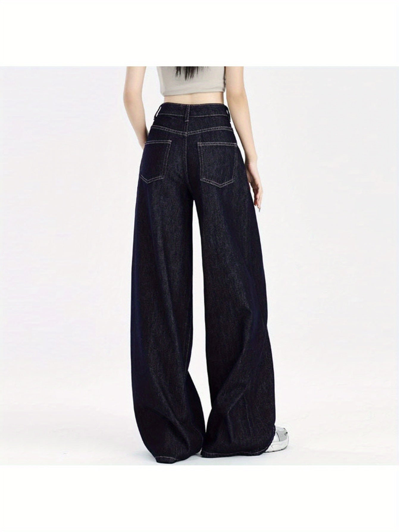 Stylish High-Waist Jeans High-Waist Wide-Leg Jeans for Women | Dark Blue Loose Fit Draped Denim Pants with Pockets, Relaxed American Style, Comfortable Fashion, Durable Fabric