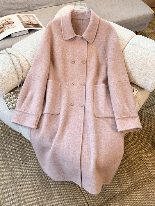 Pink Long Buttoned Korean-Style Elegant Women's Coat with Warmth