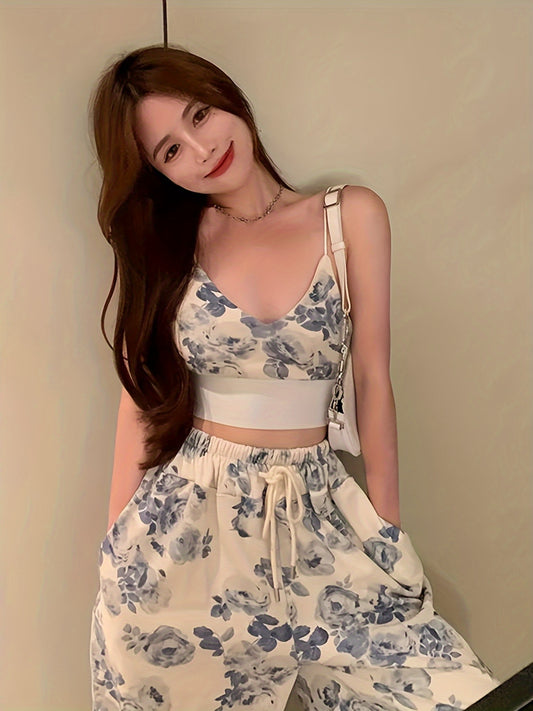 Women Casual 2pcs Temperament Pants Outfits Floral Print V-Neck Spaghetti Strap Camisole + Drawstring Elastic Waist Long Pants Set