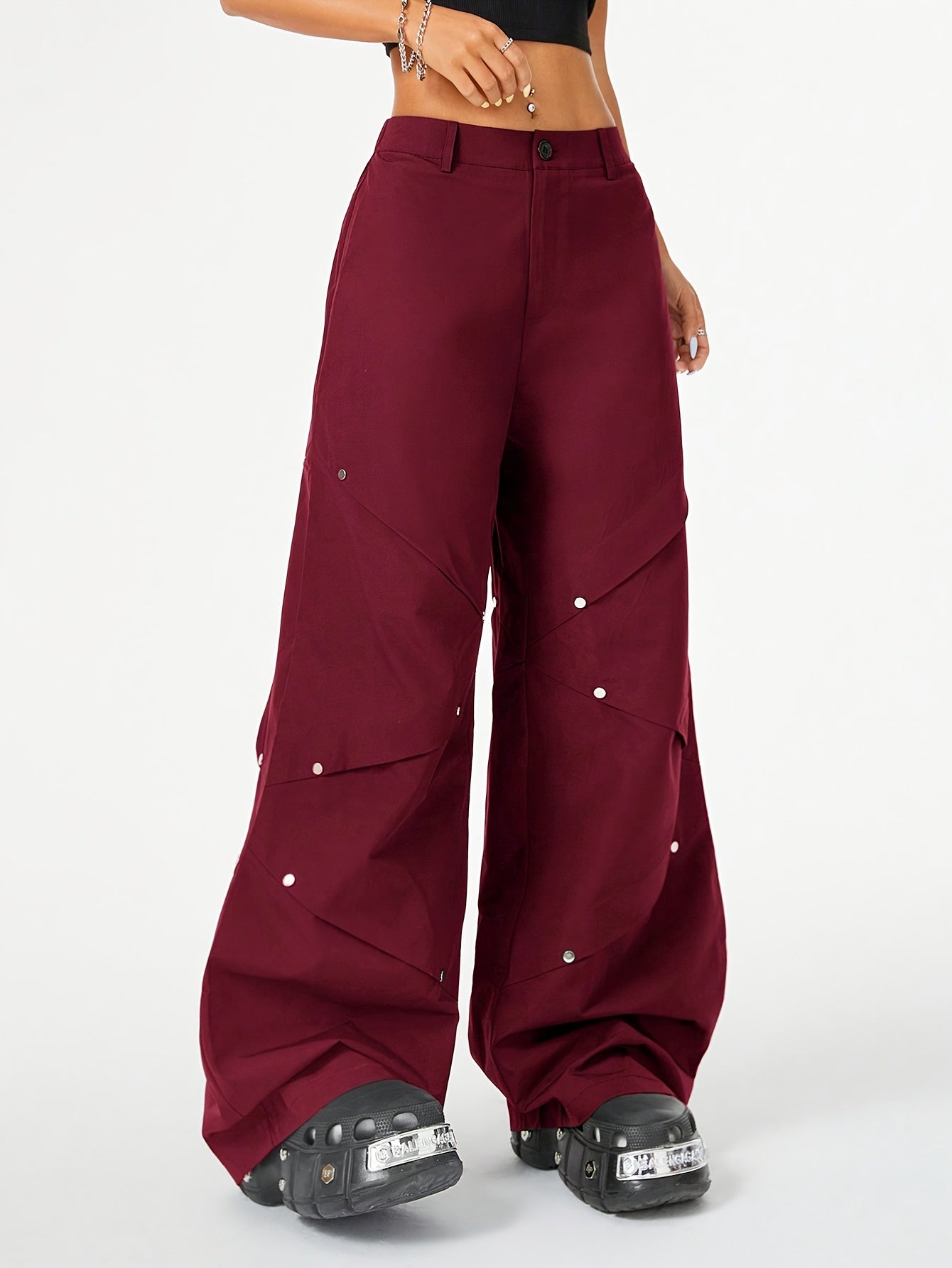 New Hot-selling Women's Trousers Street Style Versatile Casual Trend Wine Red Splicing Rivet Pleated Pants