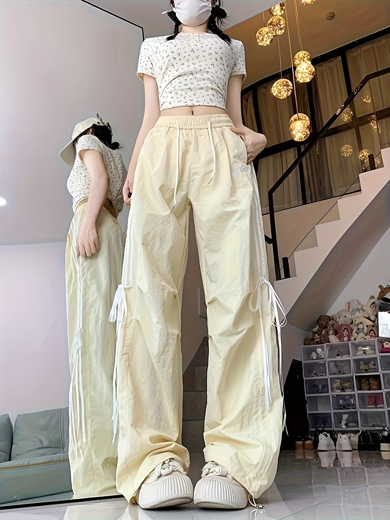 Women'S High-Waisted Wide-Leg Pants with Bow Detail - Breathable Lightweight Casual Trousers, Loose Fit Straight-Leg Design for Spring Summer Fall, Versatile for Casual Attire, High Waisted Pants, Comfortable Clothing, Durable Fabric
