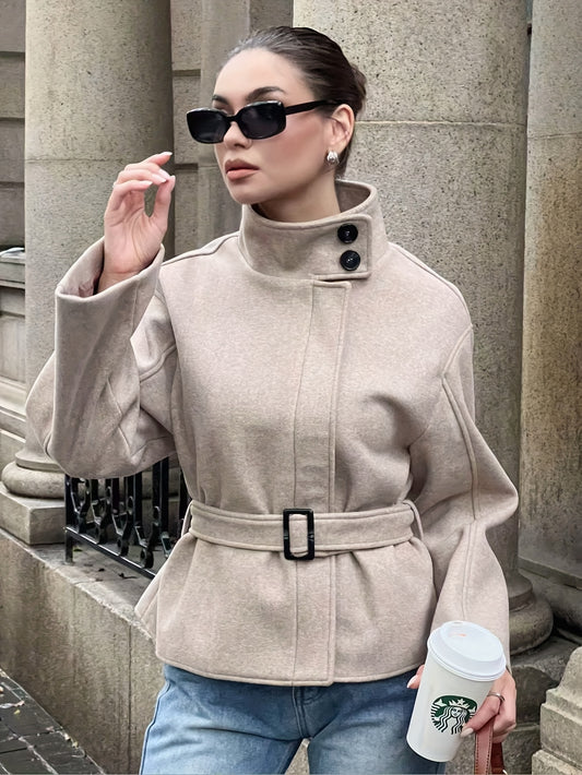 Autumn/Winter Elegant Stand Collar Tweed Belt Waist Coat Jacket Casual Fashion Long Sleeve Women's Outerwear