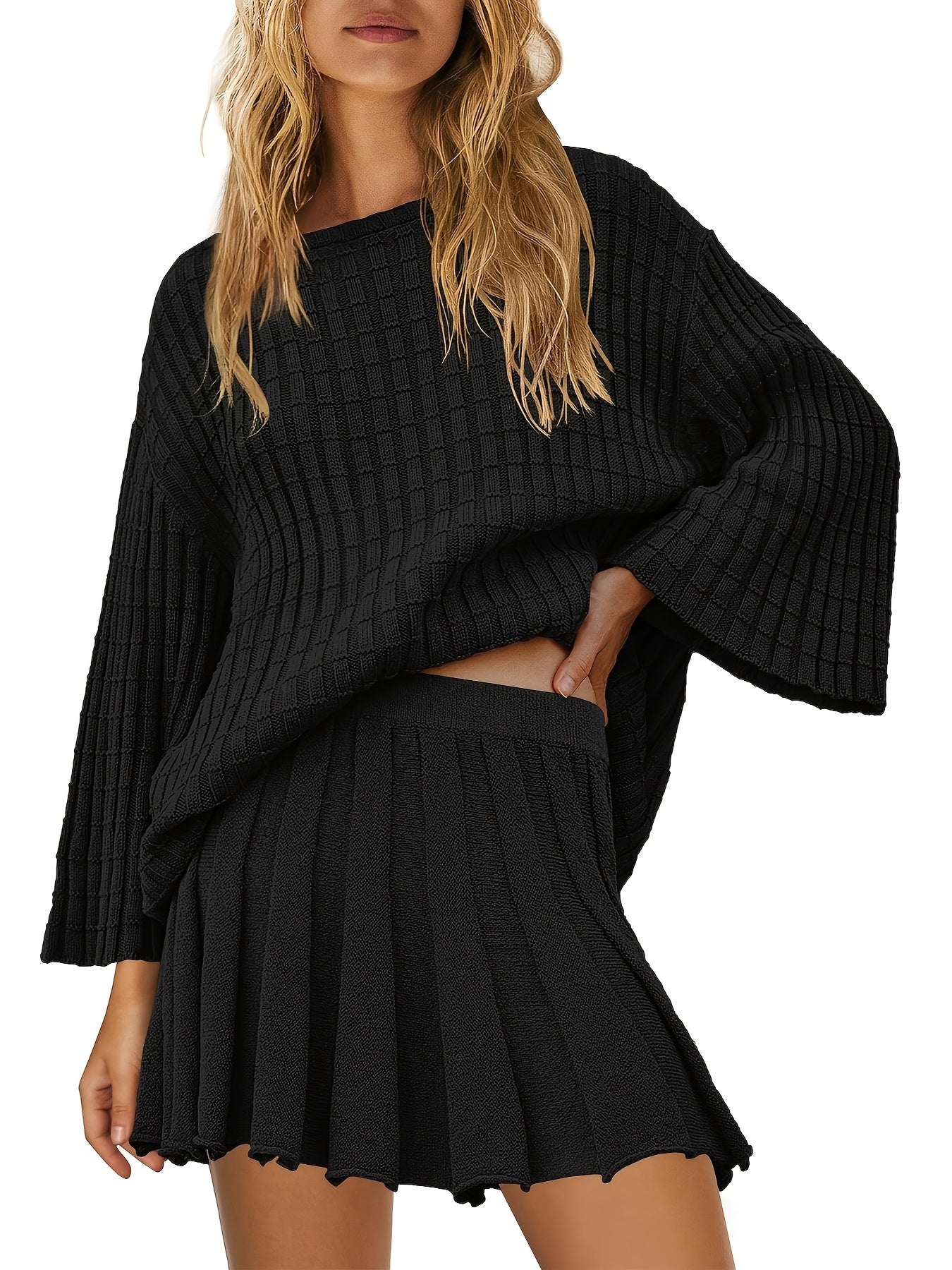 Womens Sweater Skirt Set 2pcs Outfits Long Sleeve Pullover Top Ribbed Knit Lounge Dresses