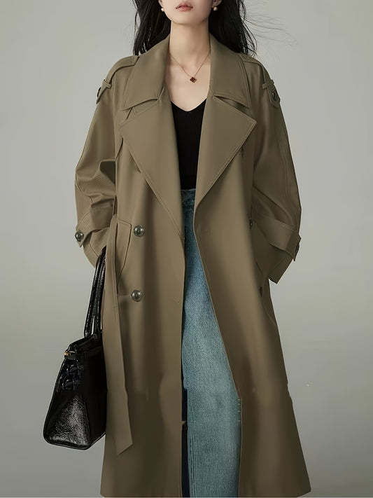 Women's Elegant Double-Breasted Oversized Long Coat with Lapel Collar & Belted Waist - Heavy-Duty Structured Lapel Collar, Front Button Closure, Machine Washable Winter Coat for Office, Commute & Formal Events - Classic Solid Color Outerwear