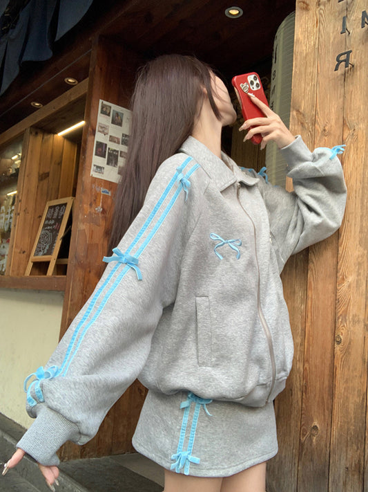 Women's Oversized Hooded Jacket with White Piping Trim - Grey Lapel Collar Long Sleeve Coat, Casual Loose Fit Outerwear for Spring\u002FAutumn\u002FWinter, Hand Washable Layered Blazer-like Sweater (No)