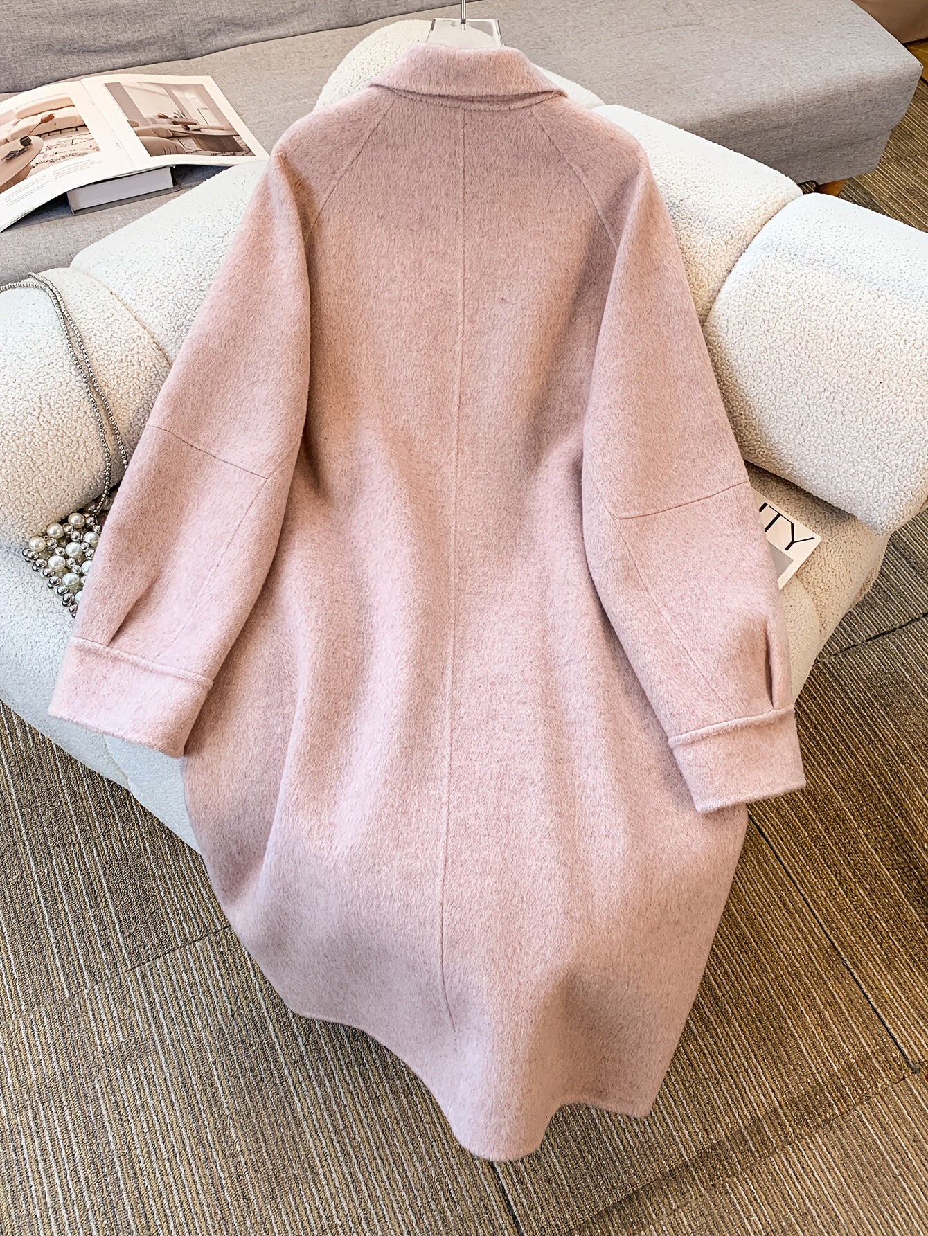 Pink Long Buttoned Korean-Style Elegant Women's Coat with Warmth