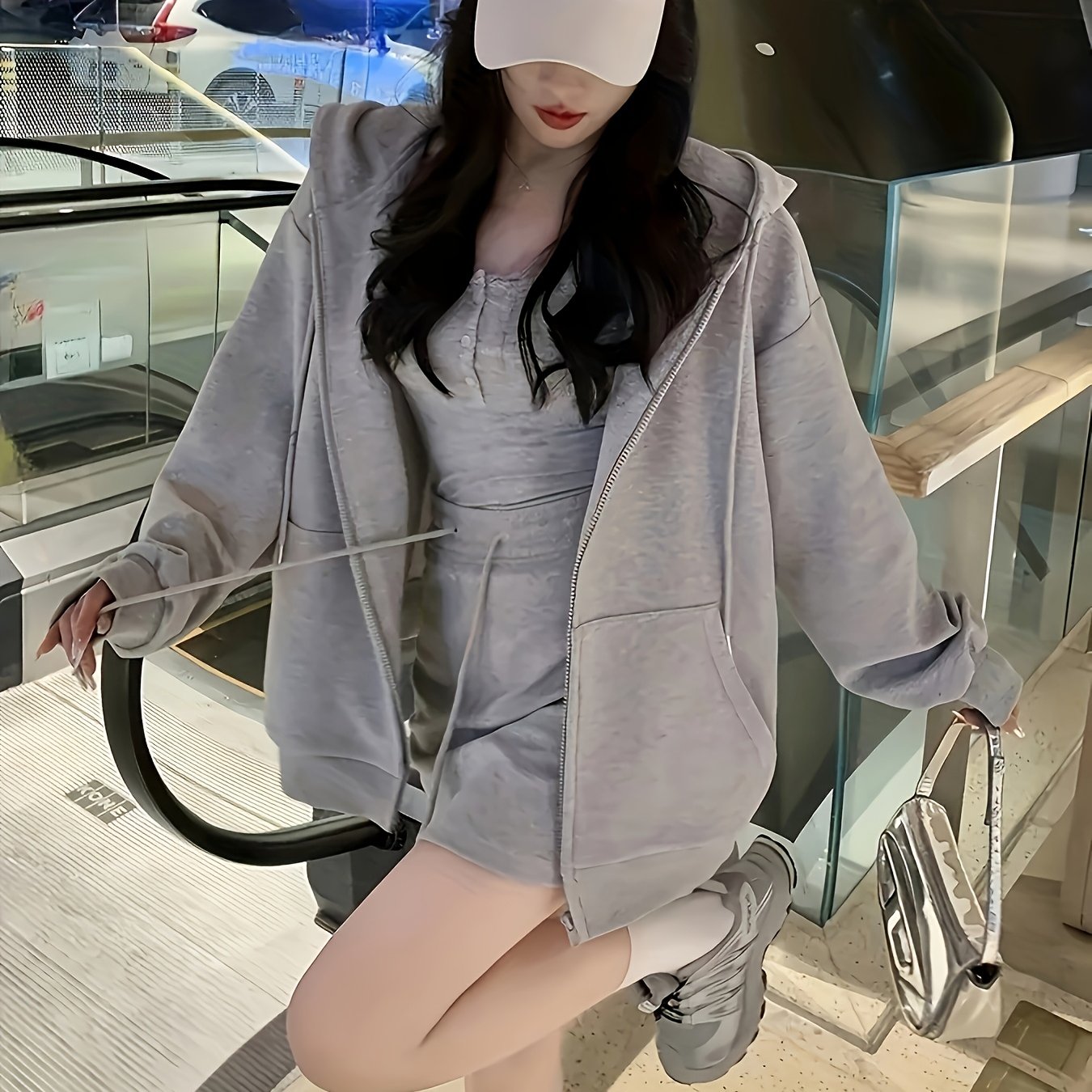 Women'S Casual Gray Hooded Jacket with Kangaroo Pocket - Zip-Up Long Sleeve, Drawstring Hood, Lightweight Polyester for Spring & Fall, Casual Wear Hoodie