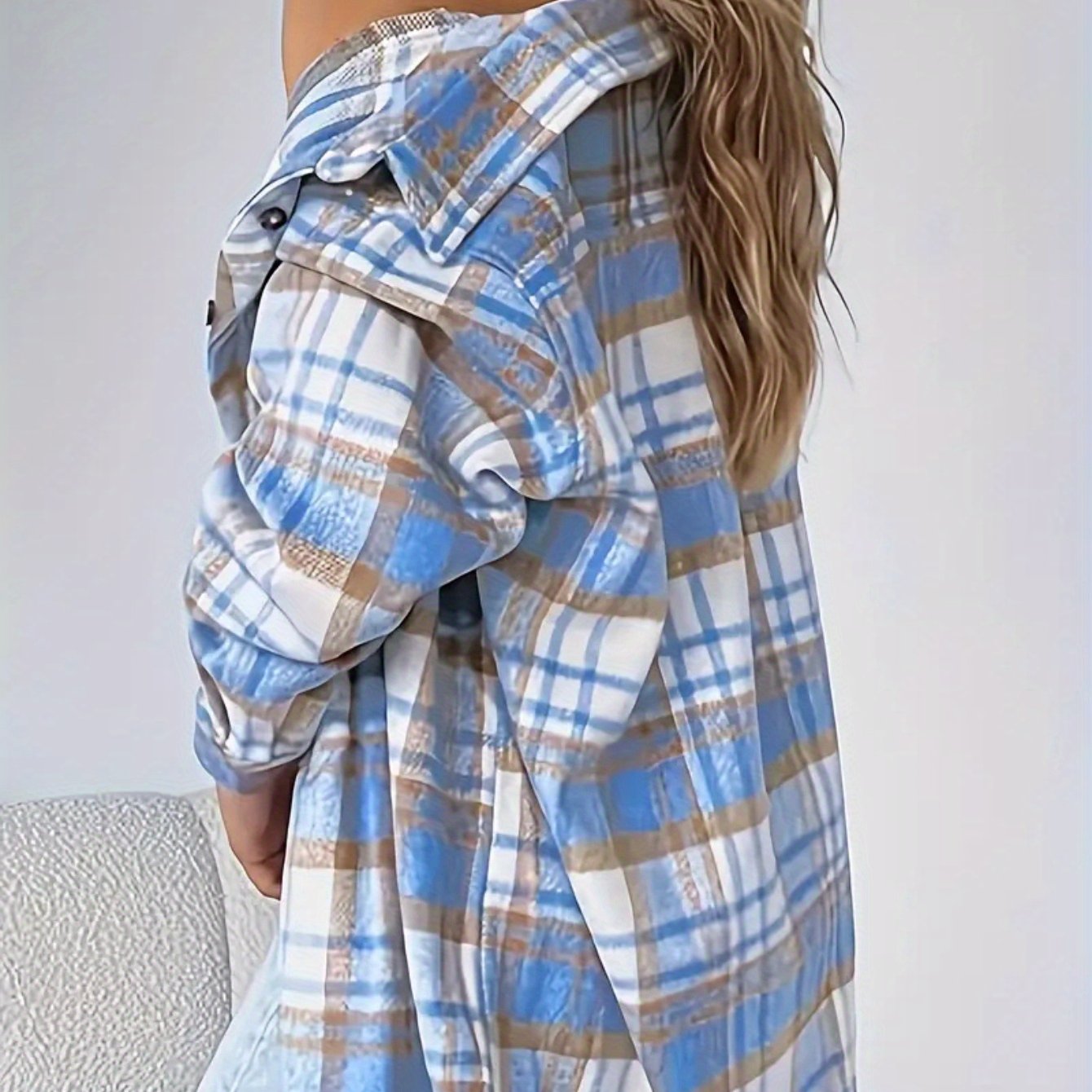 Women's casual flannel plaid shirt button- long sleeve shirt jacket coat with pockets
