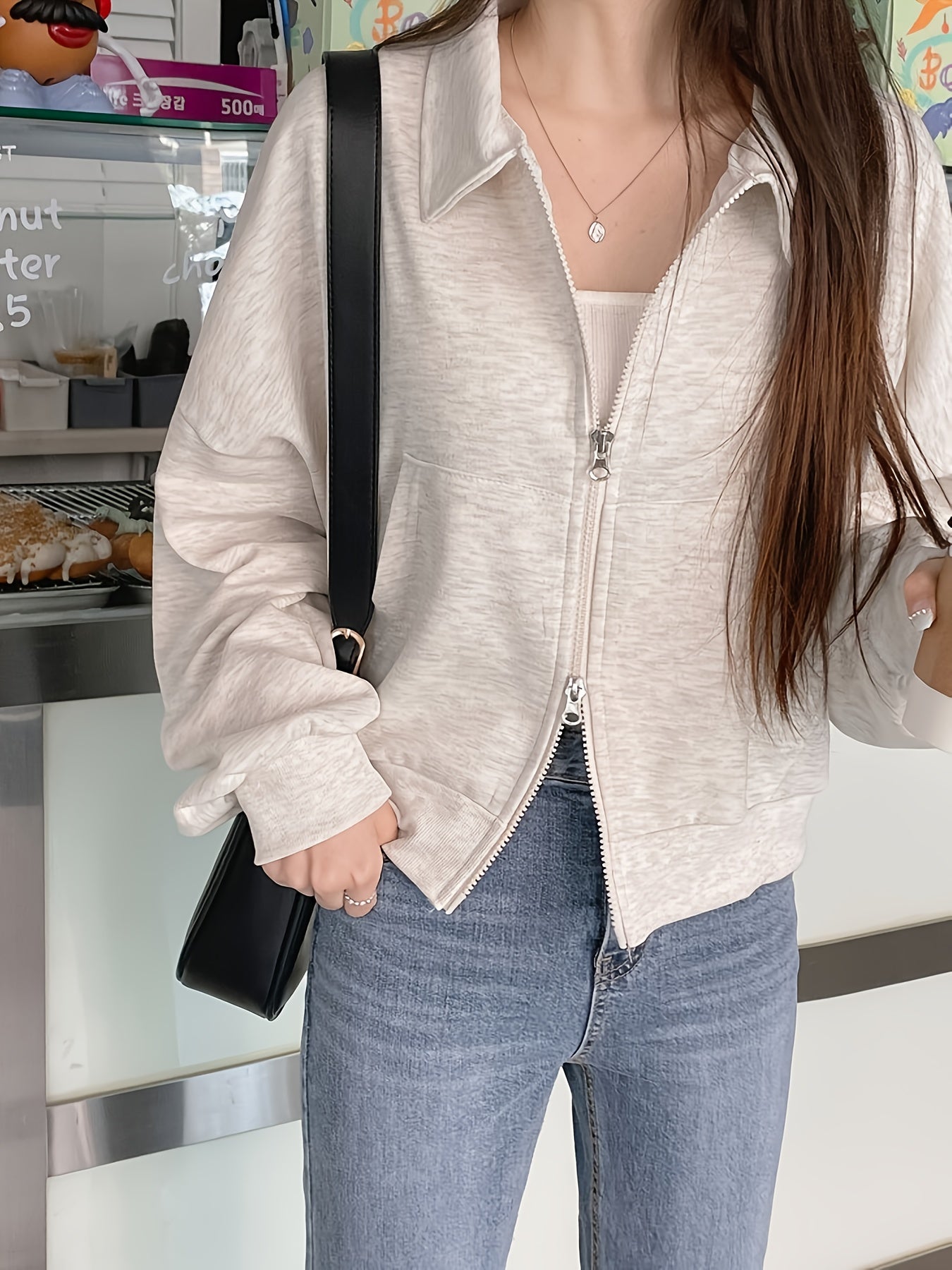 Women'S Chic Korean-Inspired Double-Zip Front Zip-Up Cardigan - Loose Fit Long Sleeve Open Front Jacket with Lapel Collar, Solid Color Spring Summer Fall Layering Piece for Casual or Stylish Outfits, Versatile Fashion, Durable Fabric
