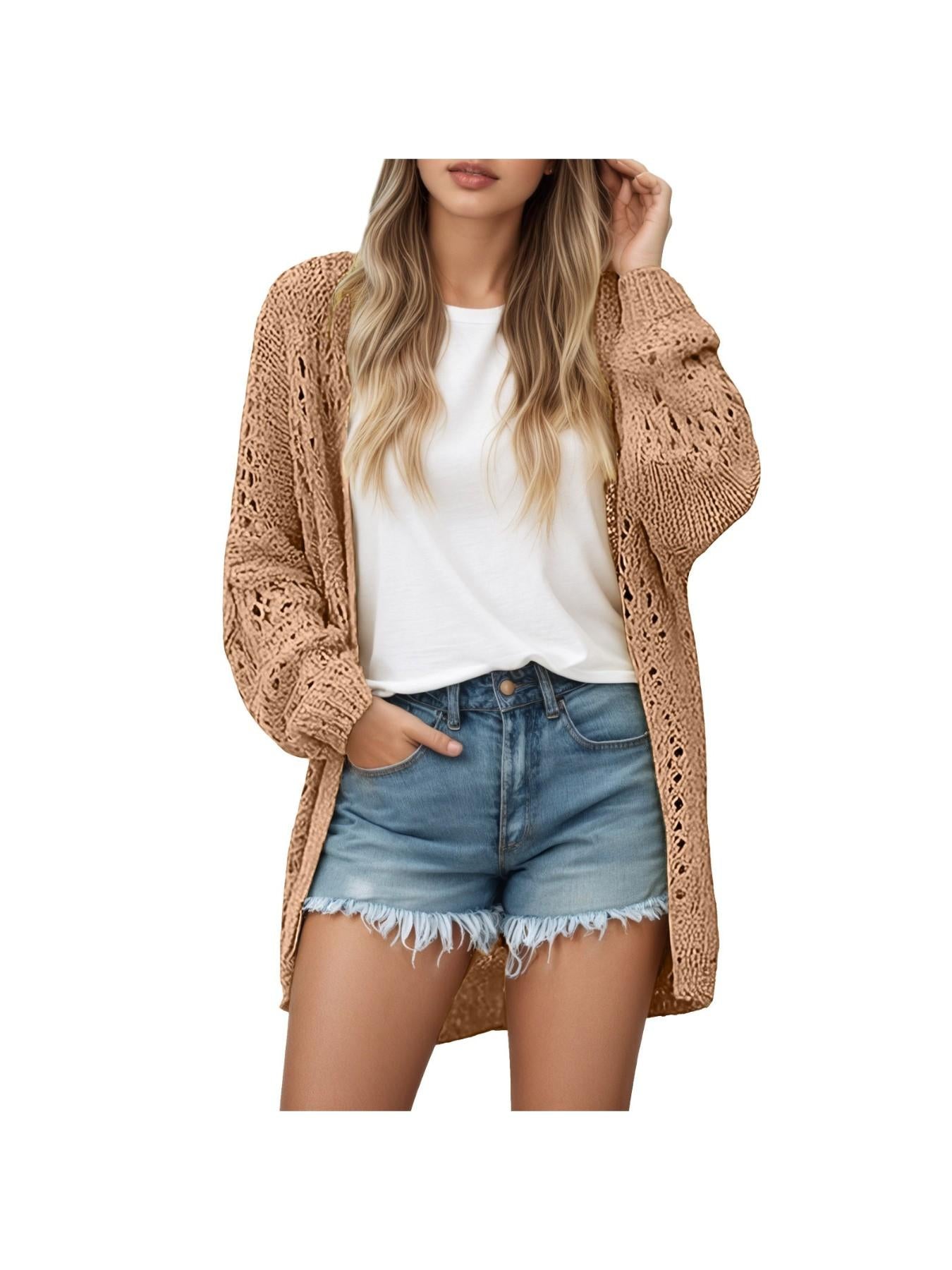 Women's Elegant Open Front Long Sleeve Cardigan Sweater Coat with Fringe Hem & Pockets - Soft Fall Winter Warm Coat, Casual to Semi-Formal Outwear, Solid Color & Contrast Trim (Dry Clean Only)