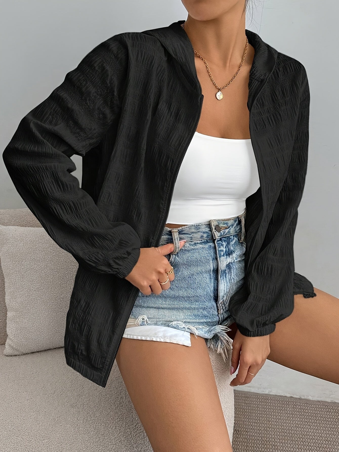 Women'S Elegant Zipper Hooded Jacket - Long Sleeve, Solid Black, Casual Chic Style for Spring\u002FFall, Lightweight & Stylish Outerwear, Casual Chic Jacket | Zipper Closure | Lightweight Jacket