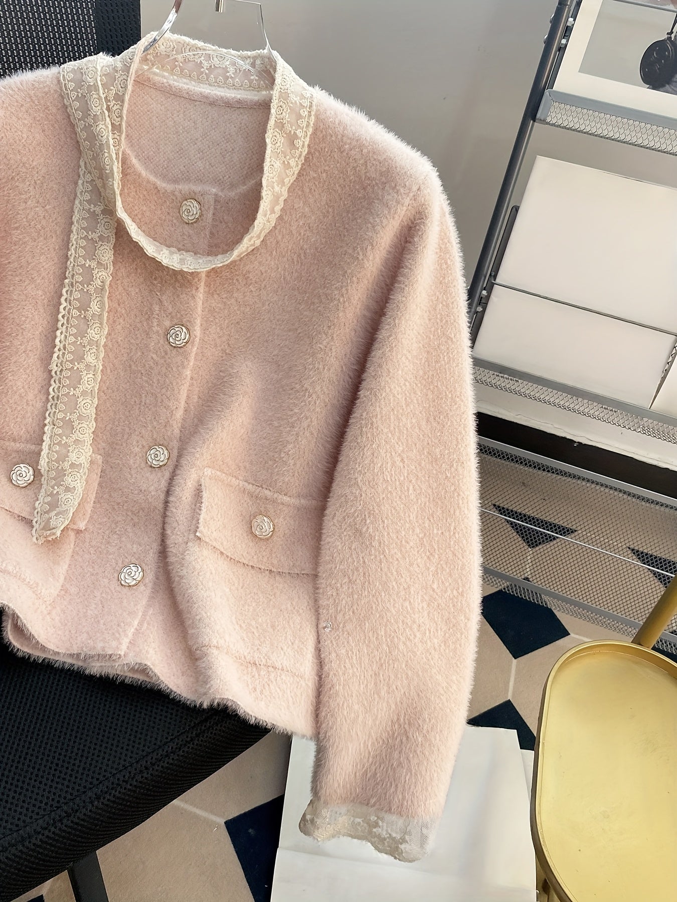 Women's Elegant Soft Pink Lace Trim Jacket - Round Neck Single-Breasted Double Pocket Blazer with Fringe-Free Lace Edges, Versatile All-Season Long Sleeve Coat for Casual & Formal Outfits, Hand Washable Medium Stretch Fabric