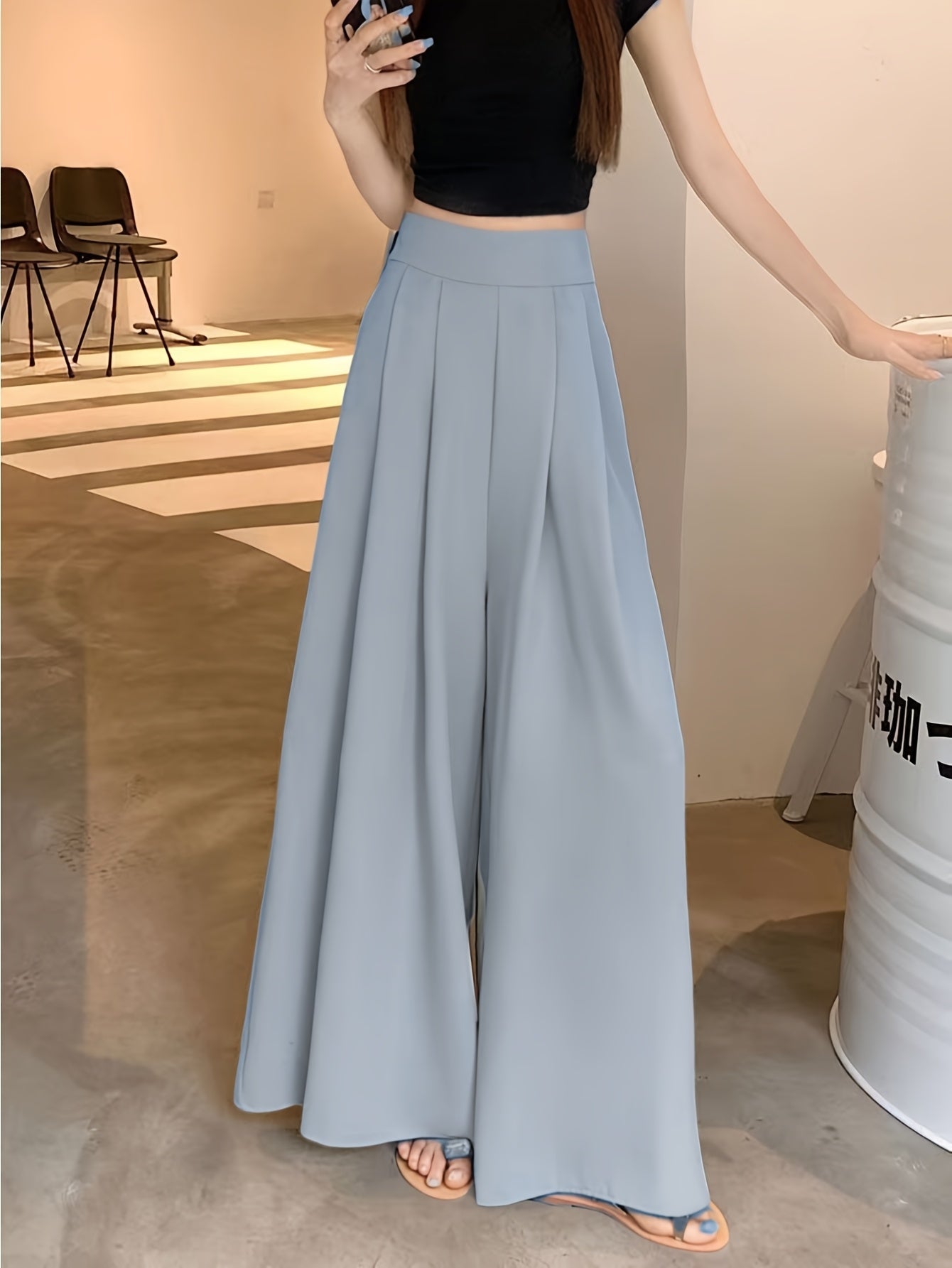 Women'S High-Waist Wide-Leg Pants - Lightweight 150g\u002Fm² Polyester, Solid Color Black, Casual Style, High Elasticity, Machine Washable, Perfect for Spring & Summe