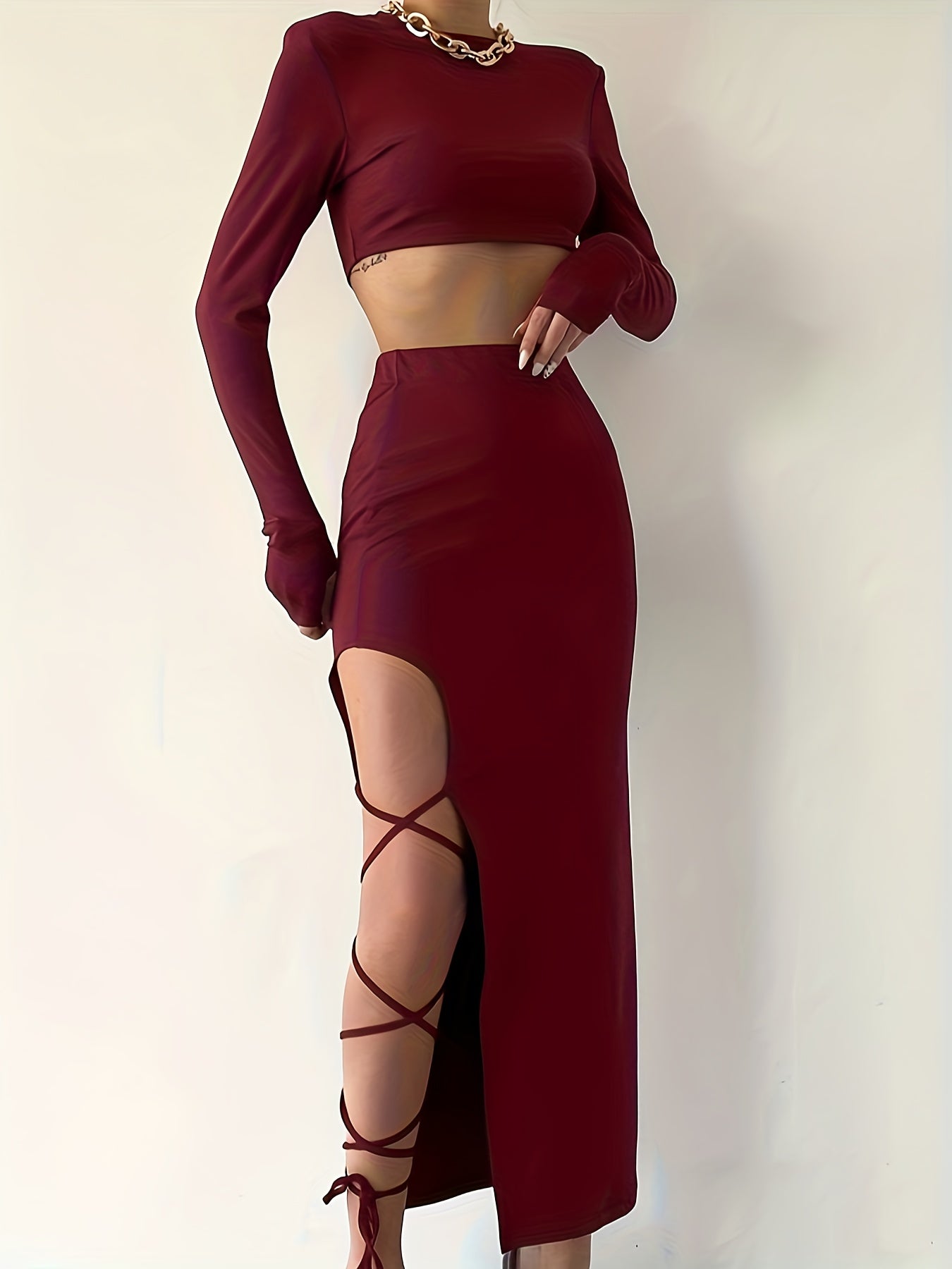 Long Sleeve Round Neck Lace-up Half Skirt Suit