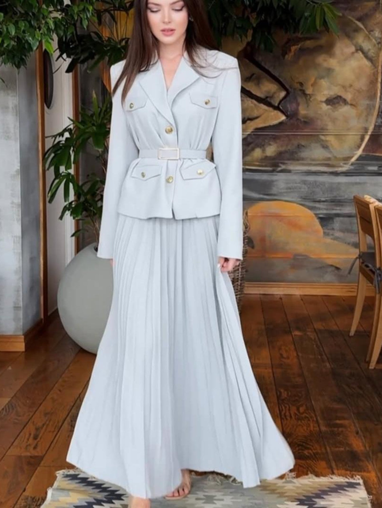 Plus Size - Plus Size, Women'S Elegant Belted Cardigan Suit Jacket & Long Skirt Set - Oversized Fit with Structured Waist, Round Neck Long Sleeve Coat & Matching Skirt, All-Season Versatile Formal & Semi-Formal Outfit, Pockets, Plus Size Available (