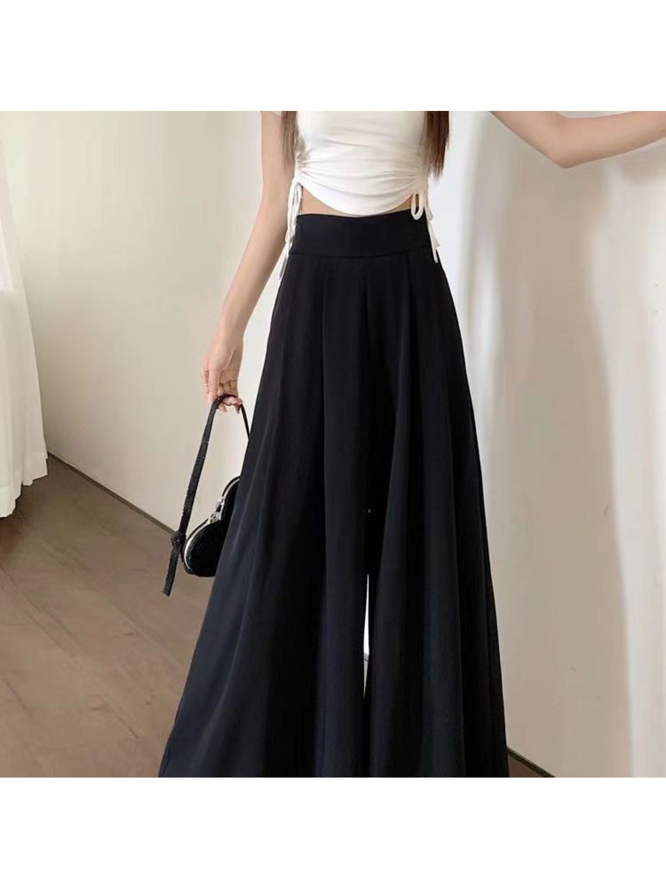 Women'S High-Waist Wide-Leg Pants - Lightweight 150g\u002Fm² Polyester, Solid Color Black, Casual Style, High Elasticity, Machine Washable, Perfect for Spring & Summe