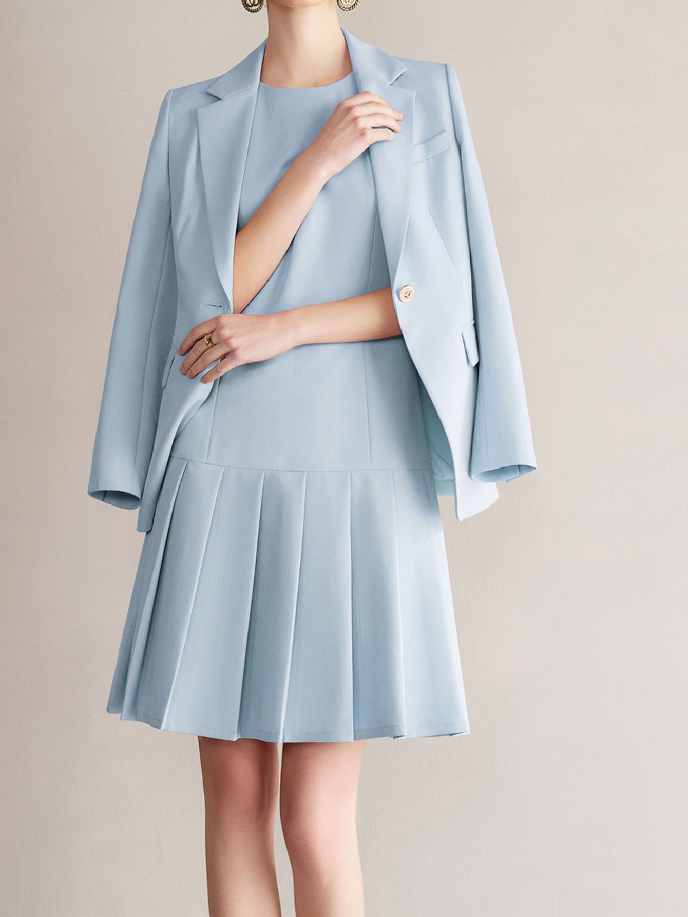 Light Blue Suit Set Lapel Blazer with Pleated Dress Two Piece for Office and Commute