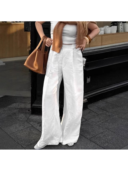 Women's 2025 Summer White Linen Pants - High-Waisted Wide-Leg Relaxed Fit with Zipper Closure, Breathable Lightweight Casual to Semi-Formal Trousers for Women, Machine Washable European & American Street Style Versatile Everyday Pants