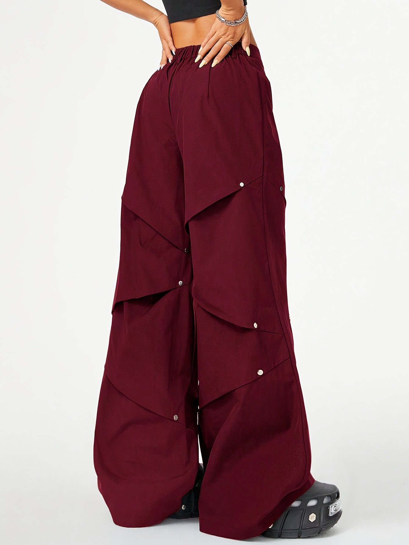New Hot-selling Women's Trousers Street Style Versatile Casual Trend Wine Red Splicing Rivet Pleated Pants