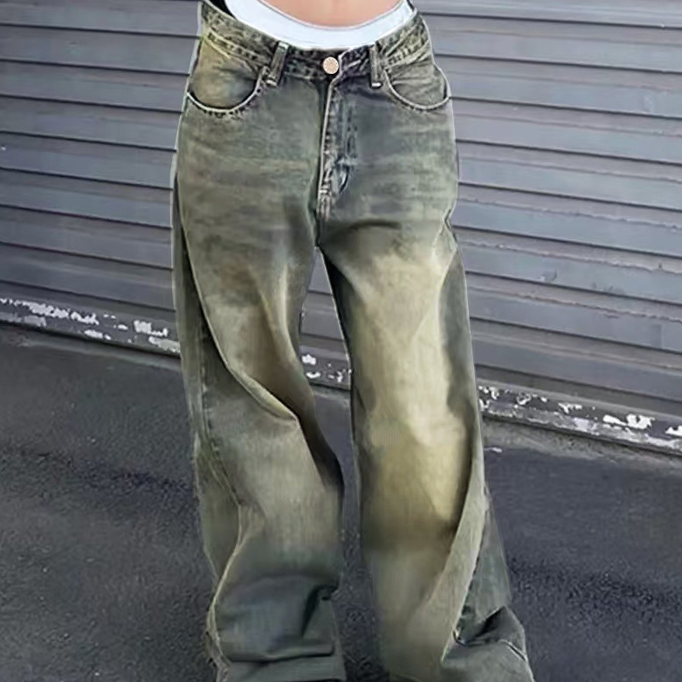 New Street Style Wide Leg Jeans Distressed Wash