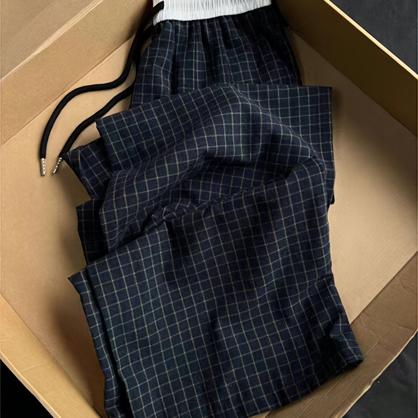 Women's Non-Stretch Pants - Elegant Casual Trousers with Drawstring Waist, Navy & Black Grid Pattern for Everyday Formal Outfits - Machine Washable Non-Stretchy Leg Pants, Summer Leisurewear, Smooth Texture Fabric