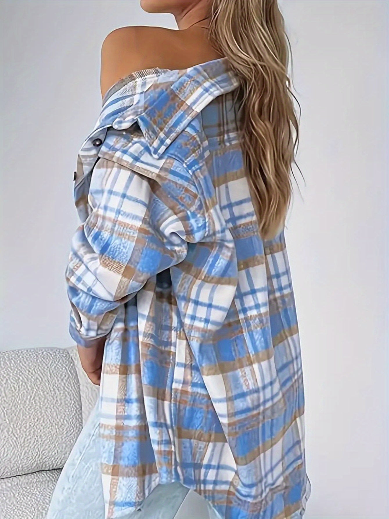 Women's casual flannel plaid shirt button- long sleeve shirt jacket coat with pockets