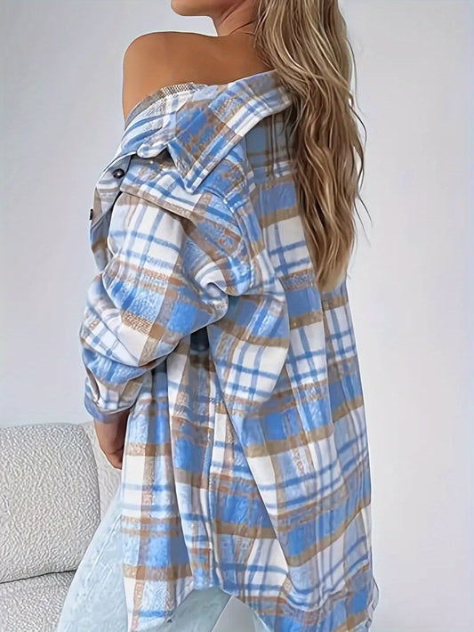 Women's casual flannel plaid shirt button- long sleeve shirt jacket coat with pockets
