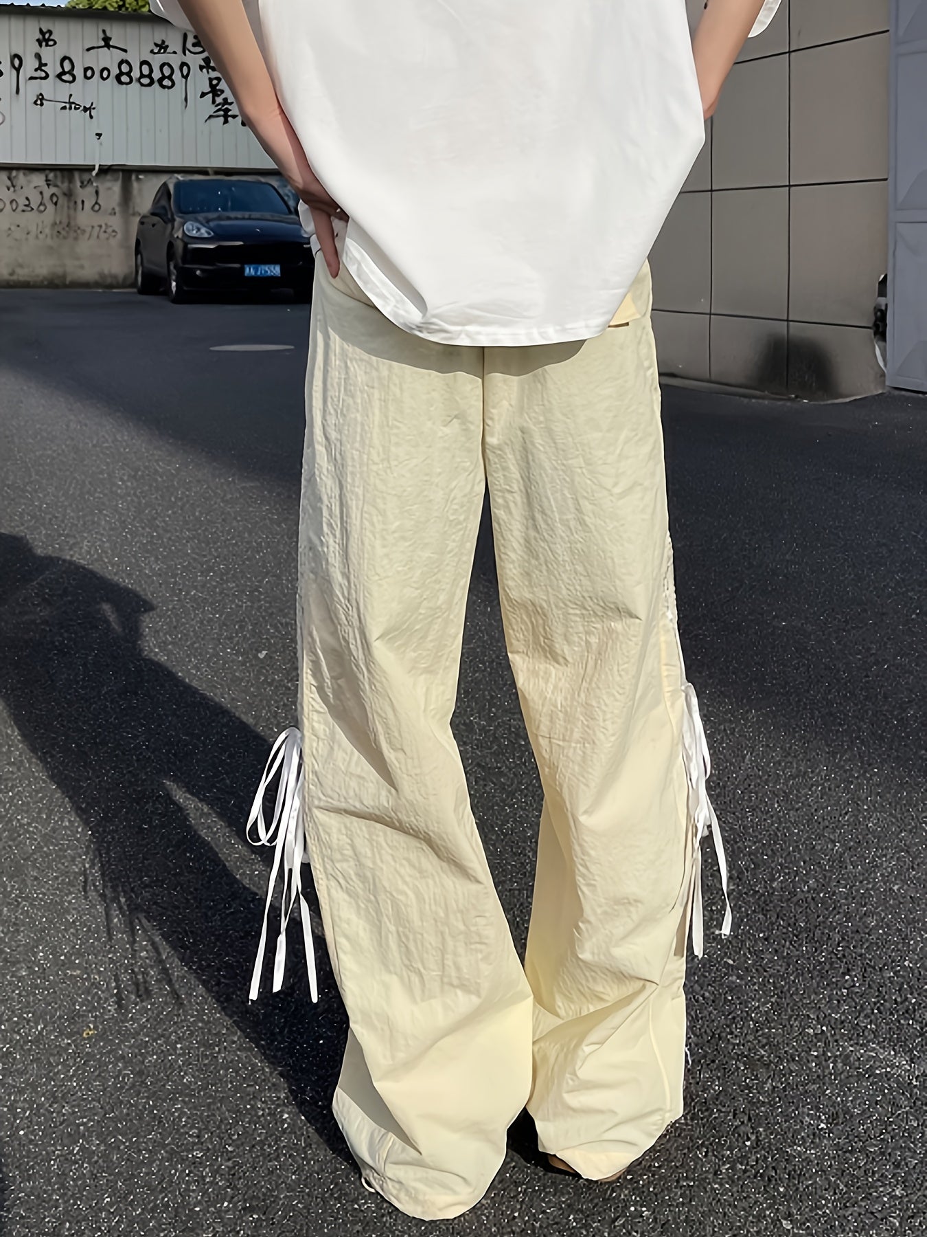 Women'S High-Waisted Wide-Leg Pants with Bow Detail - Breathable Lightweight Casual Trousers, Loose Fit Straight-Leg Design for Spring Summer Fall, Versatile for Casual Attire, High Waisted Pants, Comfortable Clothing, Durable Fabric