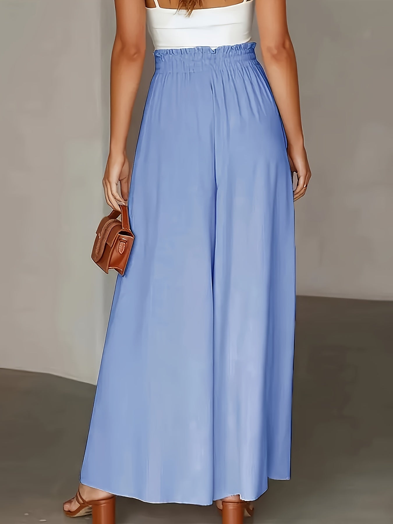 Women'S Light Blue Wide-Leg Pants with Drawstring Waist - Casual Vacation Style, High-Waisted, Flowy Design, Perfect for Beach or Poolside Outings, Beach Attire | Flowy Wideleg | Glossy Texture