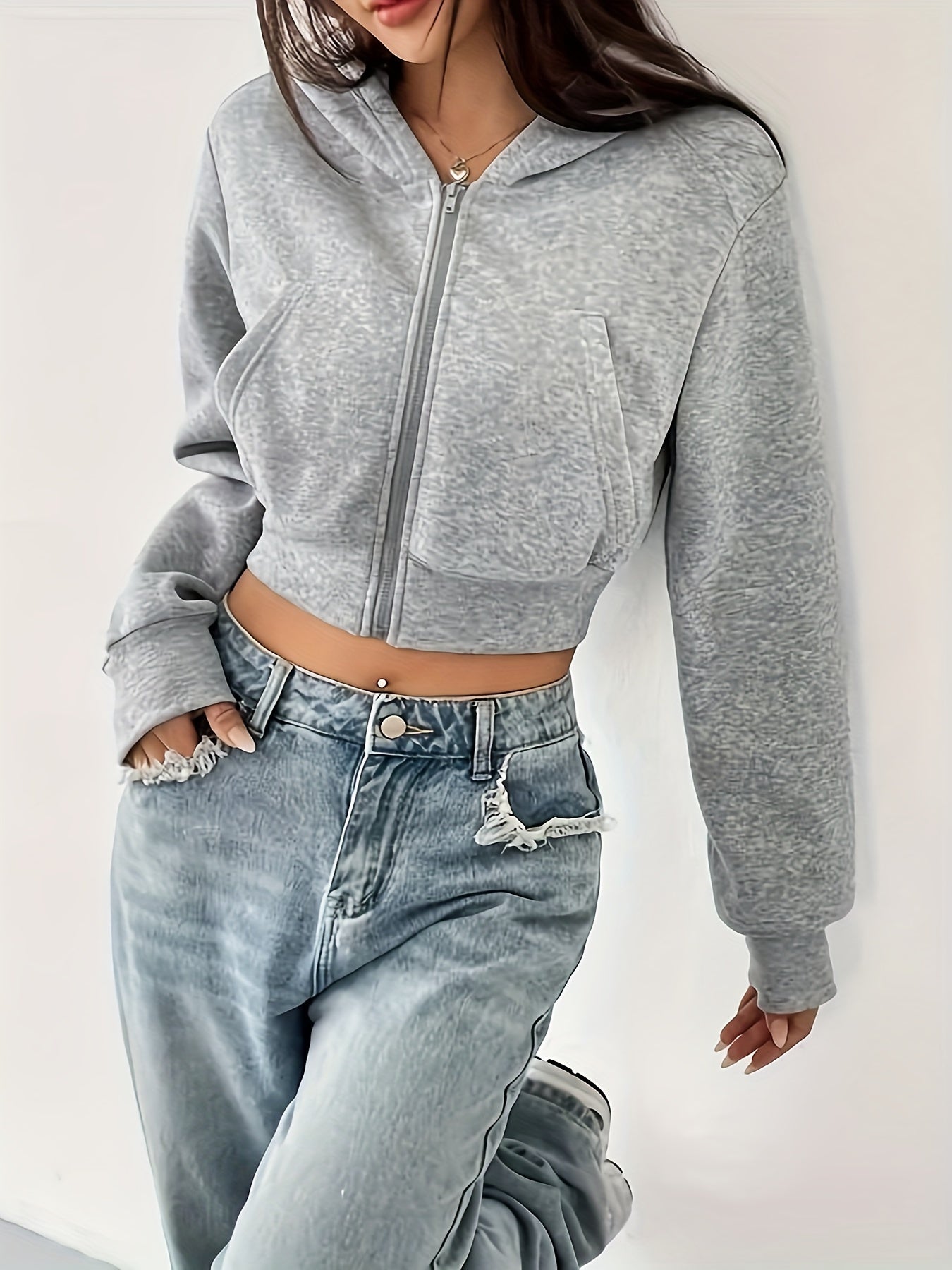 Elegant Women's Light Gray Zip-Up Hooded Jacket - Chic Long Sleeve, Polyester Blend, Machine Washable, Ideal for Fall & Winter