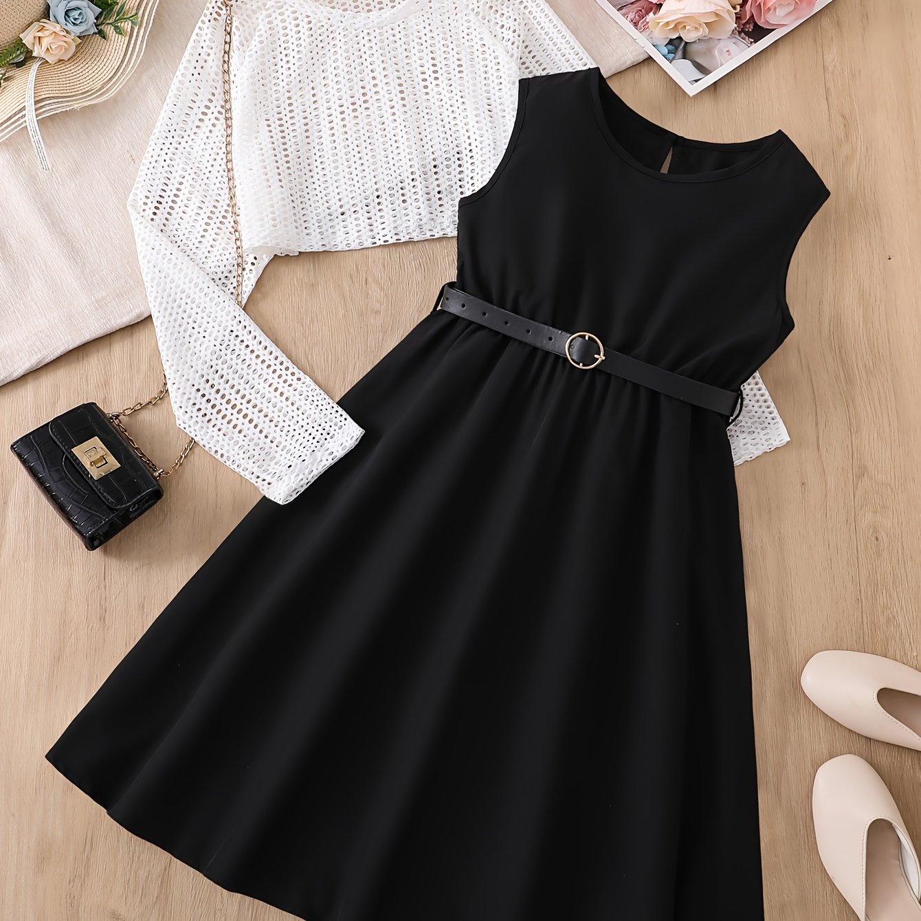 Fashionable Design Round Neck Mesh Breathable Top + Black Simple All-Match Dress Set Two-Piece Suit