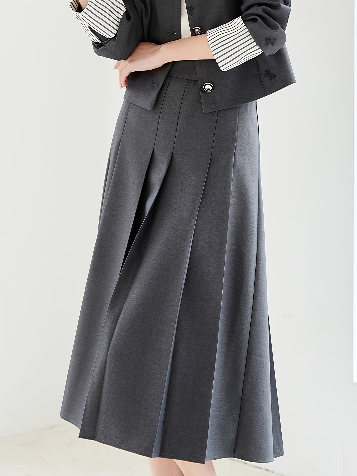 Elegant French-Inspired Butterfly Print Women'S Suit - Chic Black & White Striped Short Jacket with Embroidered Detail, Matching Midi Skirt Set for Spring\u002FFall, Button-Up, Non-Stretch Fabric