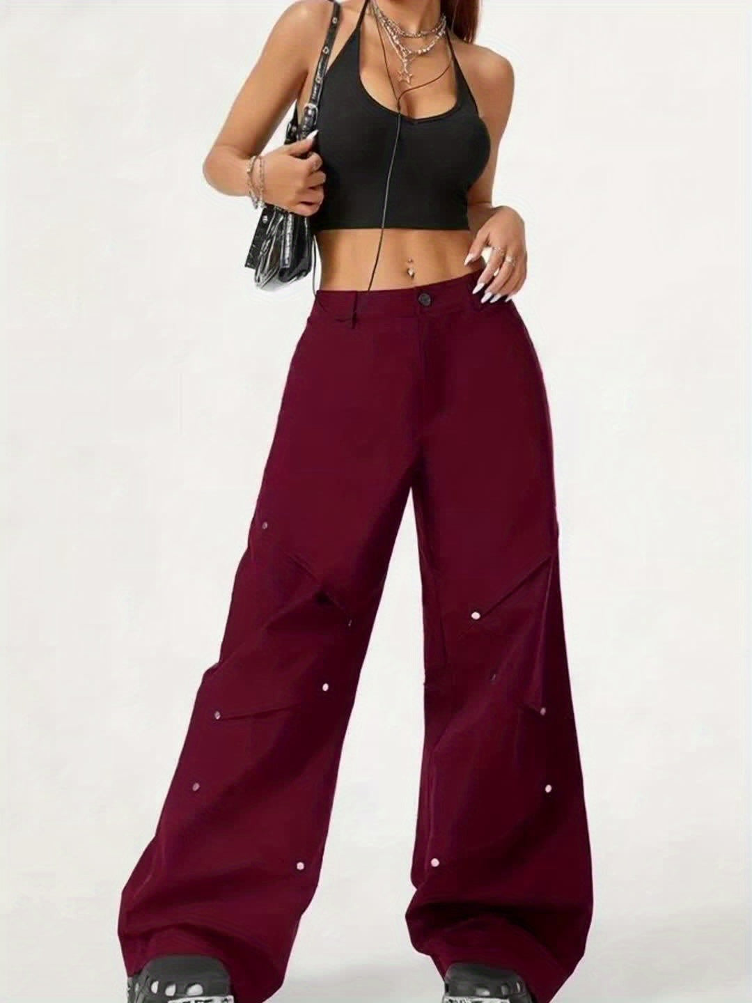 New Hot-selling Women's Trousers Street Style Versatile Casual Trend Wine Red Splicing Rivet Pleated Pants