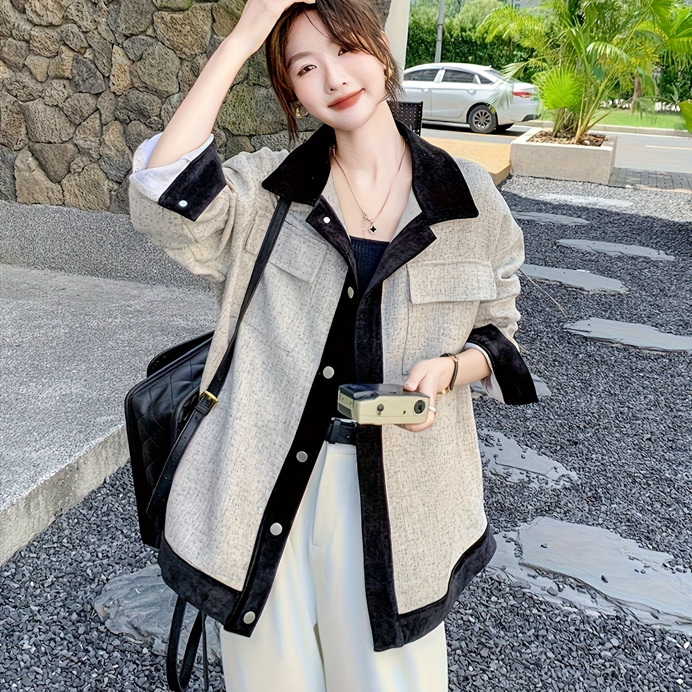 Elegant Fashionable Comfortable Versatile Women's Outerwear for Commuting and Casual Wear, New Loose French Style Light Mature Gray Top Suitable for Petite Figures