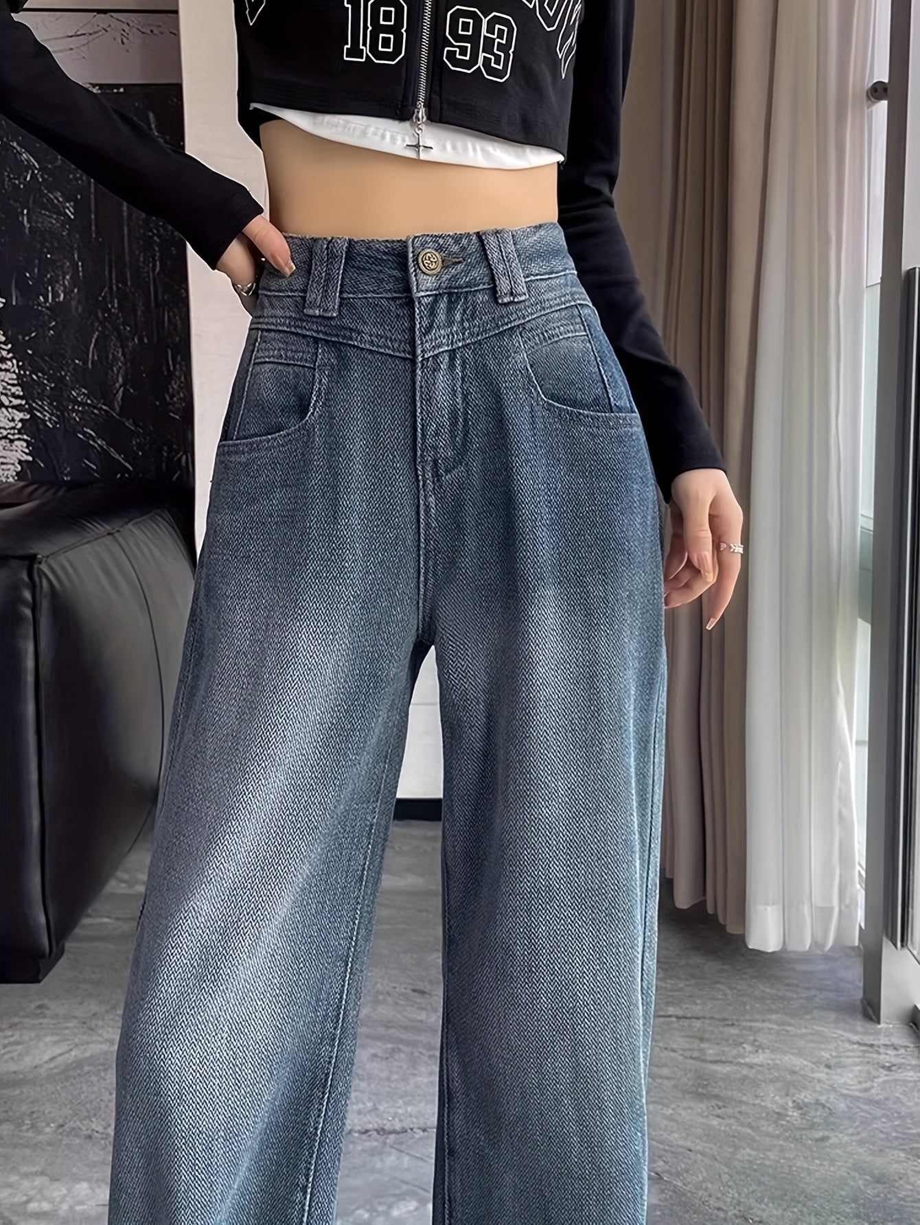 Retro Blue Distressed Jeans Retro Blue Distressed Women's High-Rise Loose Straight Cut Jeans | Frayed Hem Y2K 90s Style Denim Pants, Machine Washable Casual All-Season Comfort