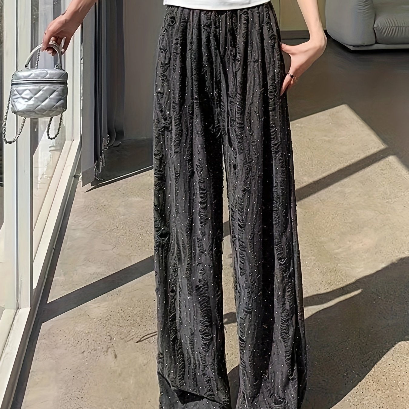 Solid Wide Leg Wide Leg Pants, Casual Ripped Holes Tied Elastic Waist Comfy Pants For Summer & Fall, Women's Clothing