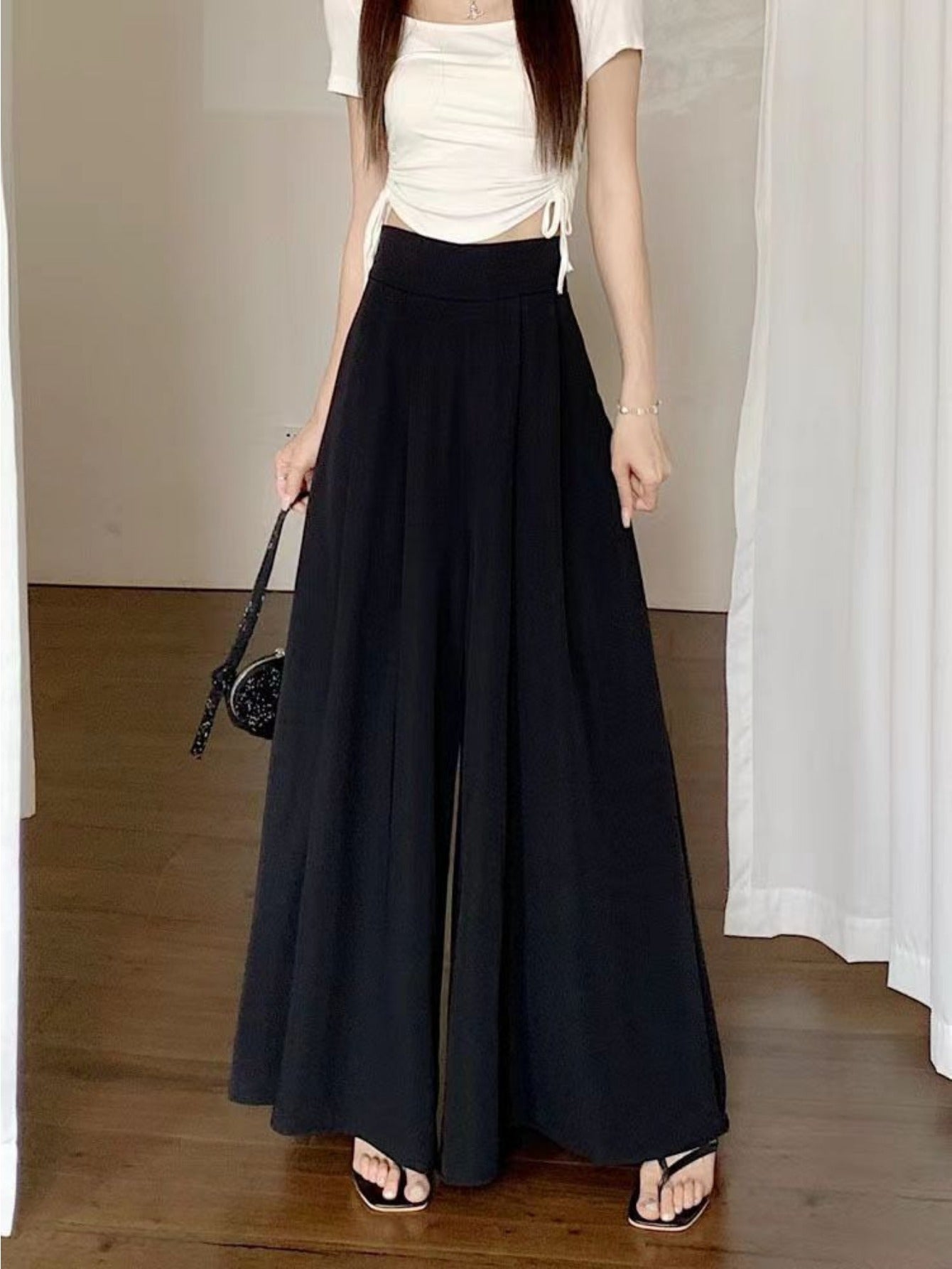 Women'S High-Waist Wide-Leg Pants - Lightweight 150g\u002Fm² Polyester, Solid Color Black, Casual Style, High Elasticity, Machine Washable, Perfect for Spring & Summe