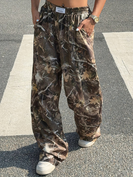 1pc YOUNG Style Women'S Wide Leg Pants, Polyester Woven Fabric with Plant Print, Fall\u002FWinter Season, Pockets Detail, Adult Casual Trousers