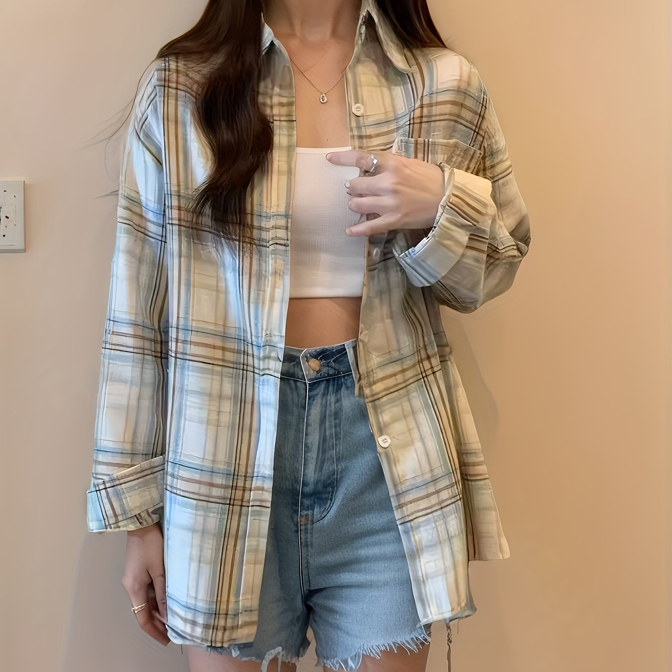 Women's Lightweight Plaid Shirt Jacket - Casual Long Sleeve Sun-Protective Coat with Button- Front, Loose Fit for Spring & Fall, Polyester Blend, Machine Washable