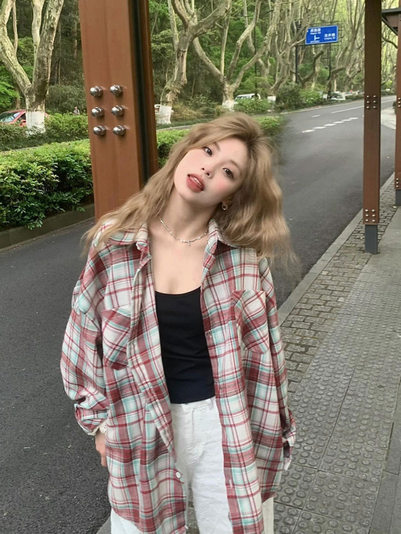 Women's Lightweight Plaid Shirt Jacket - Casual Long Sleeve Sun-Protective Coat with Button- Front, Loose Fit for Spring & Fall, Polyester Blend, Machine Washable