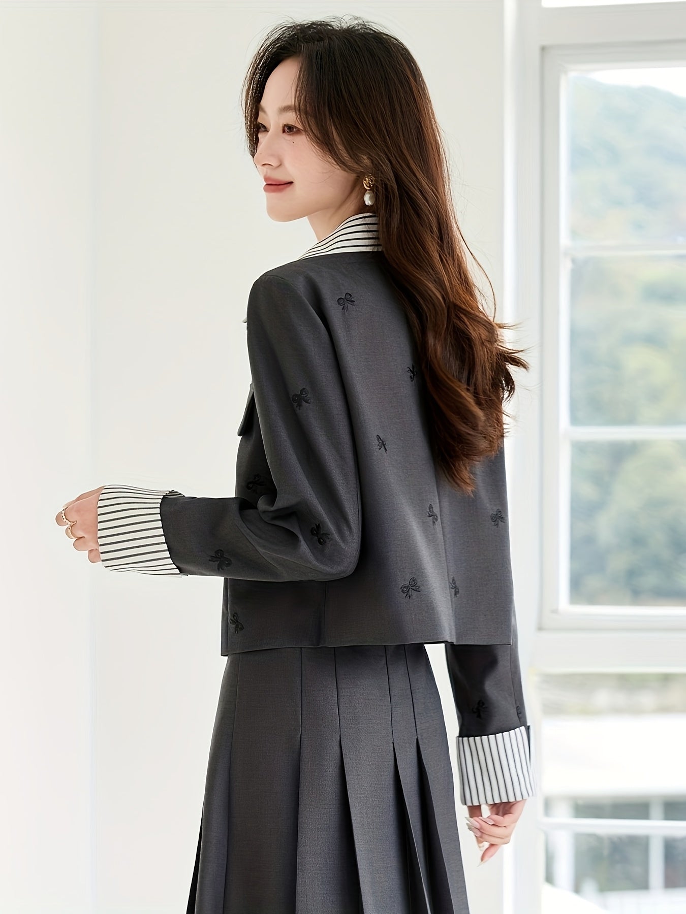 Elegant French-Inspired Butterfly Print Women'S Suit - Chic Black & White Striped Short Jacket with Embroidered Detail, Matching Midi Skirt Set for Spring\u002FFall, Button-Up, Non-Stretch Fabric