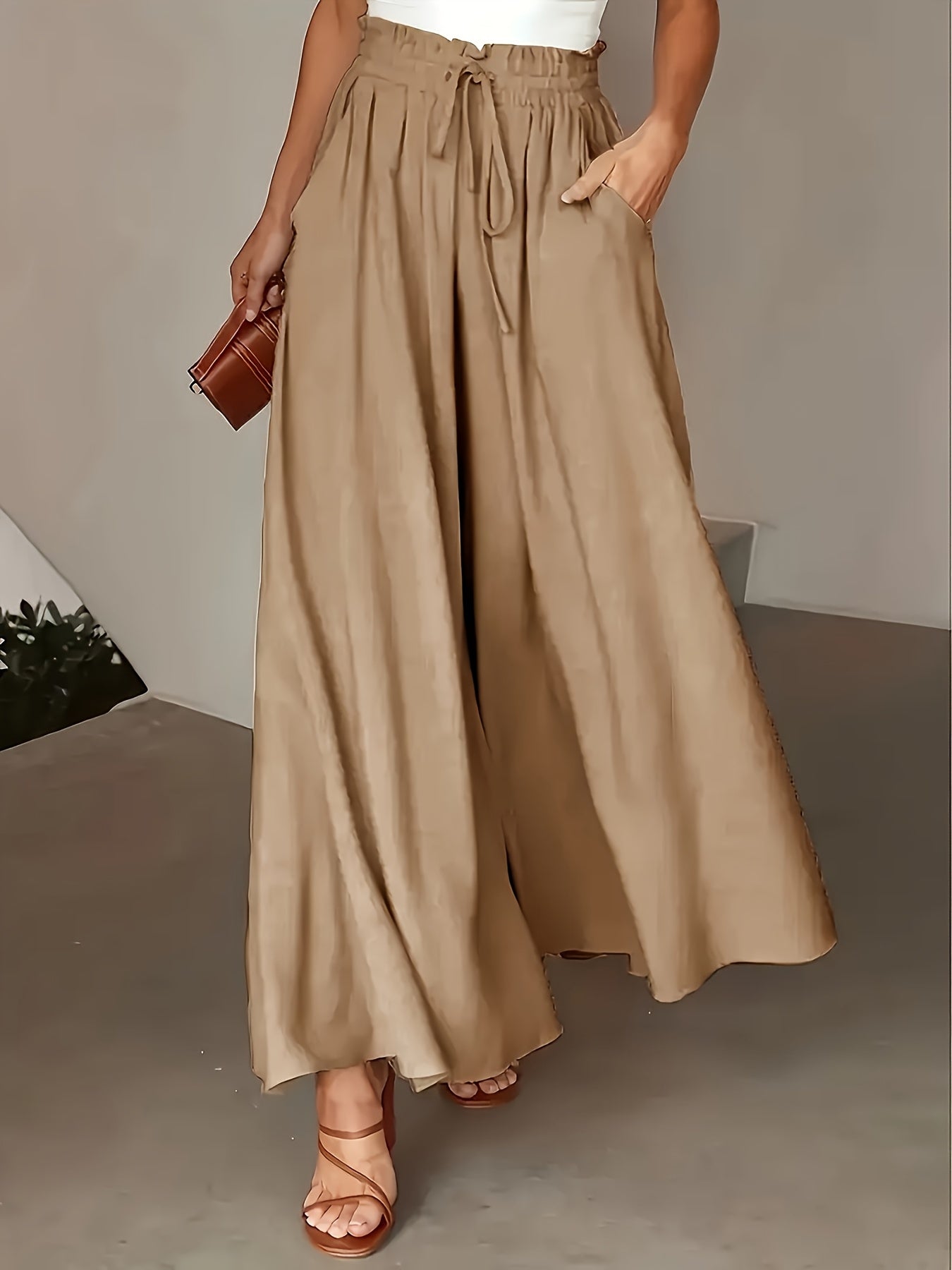 Women'S Light Blue Wide-Leg Pants with Drawstring Waist - Casual Vacation Style, High-Waisted, Flowy Design, Perfect for Beach or Poolside Outings, Beach Attire | Flowy Wideleg | Glossy Texture