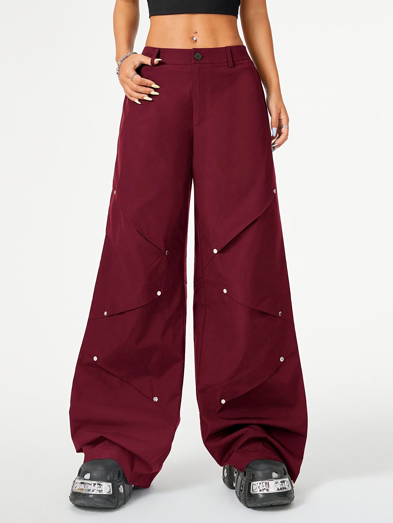 New Hot-selling Women's Trousers Street Style Versatile Casual Trend Wine Red Splicing Rivet Pleated Pants