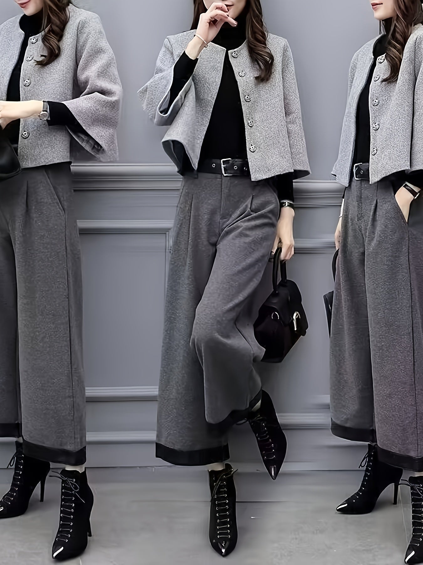 Elegant Socialite New Spring and Autumn Two-Piece Set Fleece Coat Internet Celebrity Fashion Wide-Leg Pants Suit