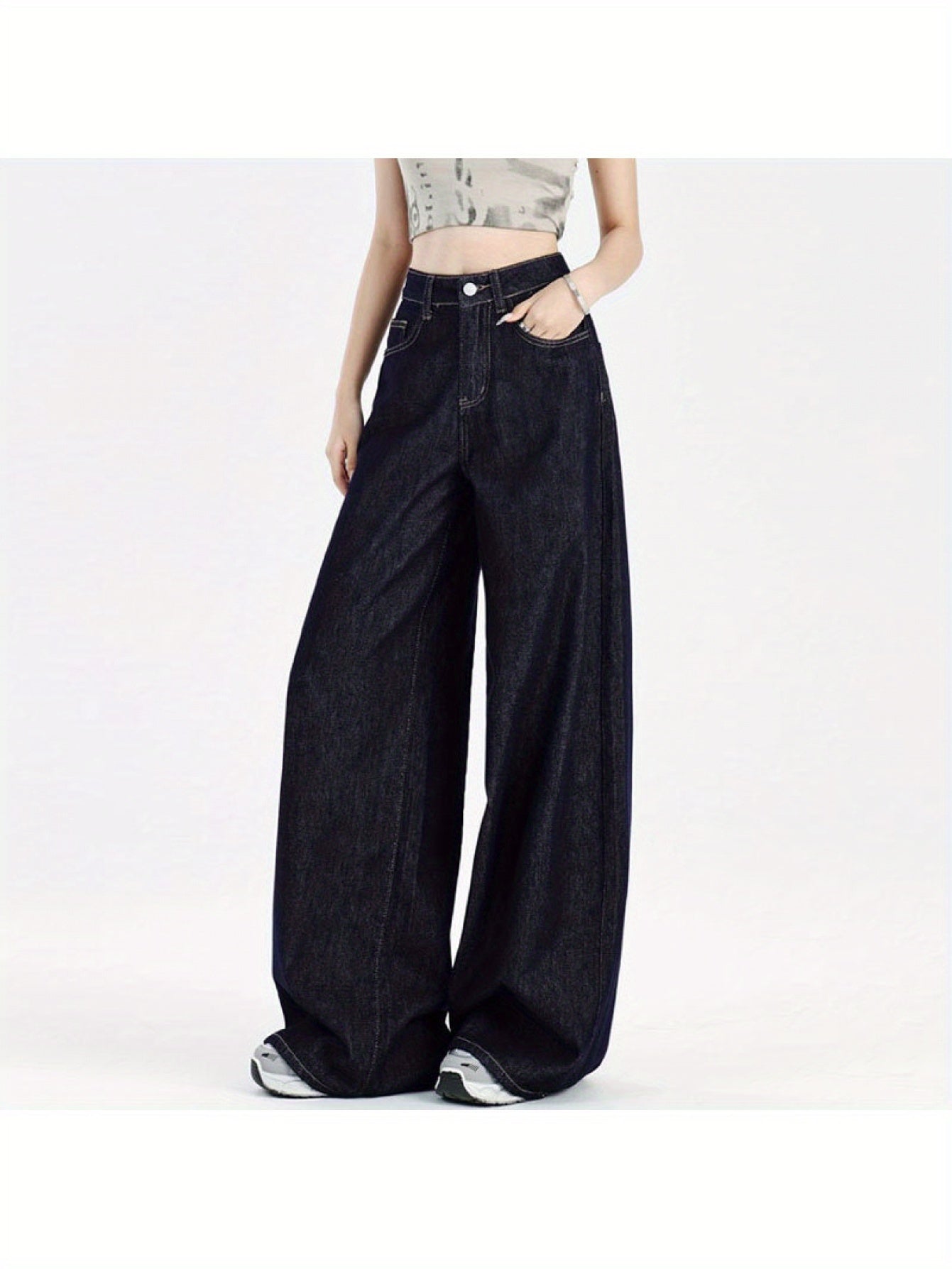 Stylish High-Waist Jeans High-Waist Wide-Leg Jeans for Women | Dark Blue Loose Fit Draped Denim Pants with Pockets, Relaxed American Style, Comfortable Fashion, Durable Fabric
