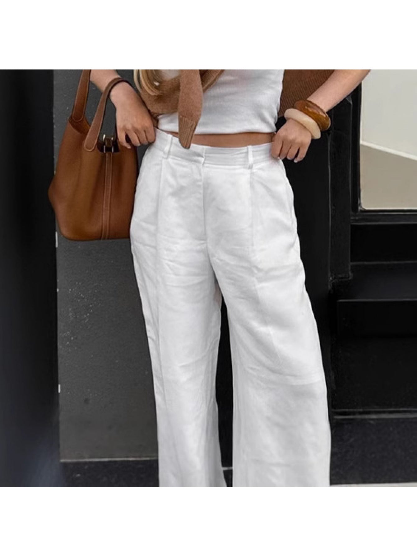 Women's 2025 Summer White Linen Pants - High-Waisted Wide-Leg Relaxed Fit with Zipper Closure, Breathable Lightweight Casual to Semi-Formal Trousers for Women, Machine Washable European & American Street Style Versatile Everyday Pants
