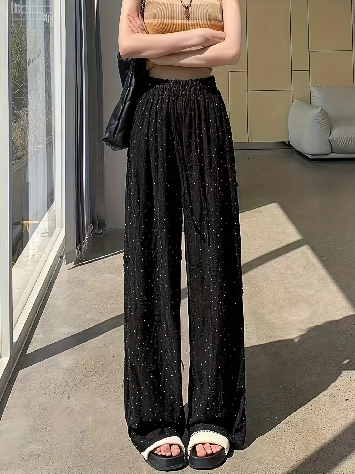 Solid Wide Leg Wide Leg Pants, Casual Ripped Holes Tied Elastic Waist Comfy Pants For Summer & Fall, Women's Clothing