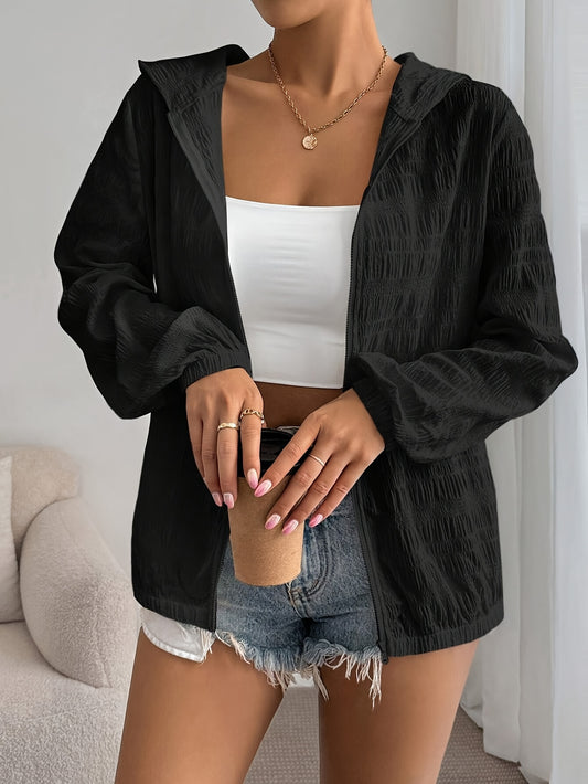 Women'S Elegant Zipper Hooded Jacket - Long Sleeve, Solid Black, Casual Chic Style for Spring\u002FFall, Lightweight & Stylish Outerwear, Casual Chic Jacket | Zipper Closure | Lightweight Jacket