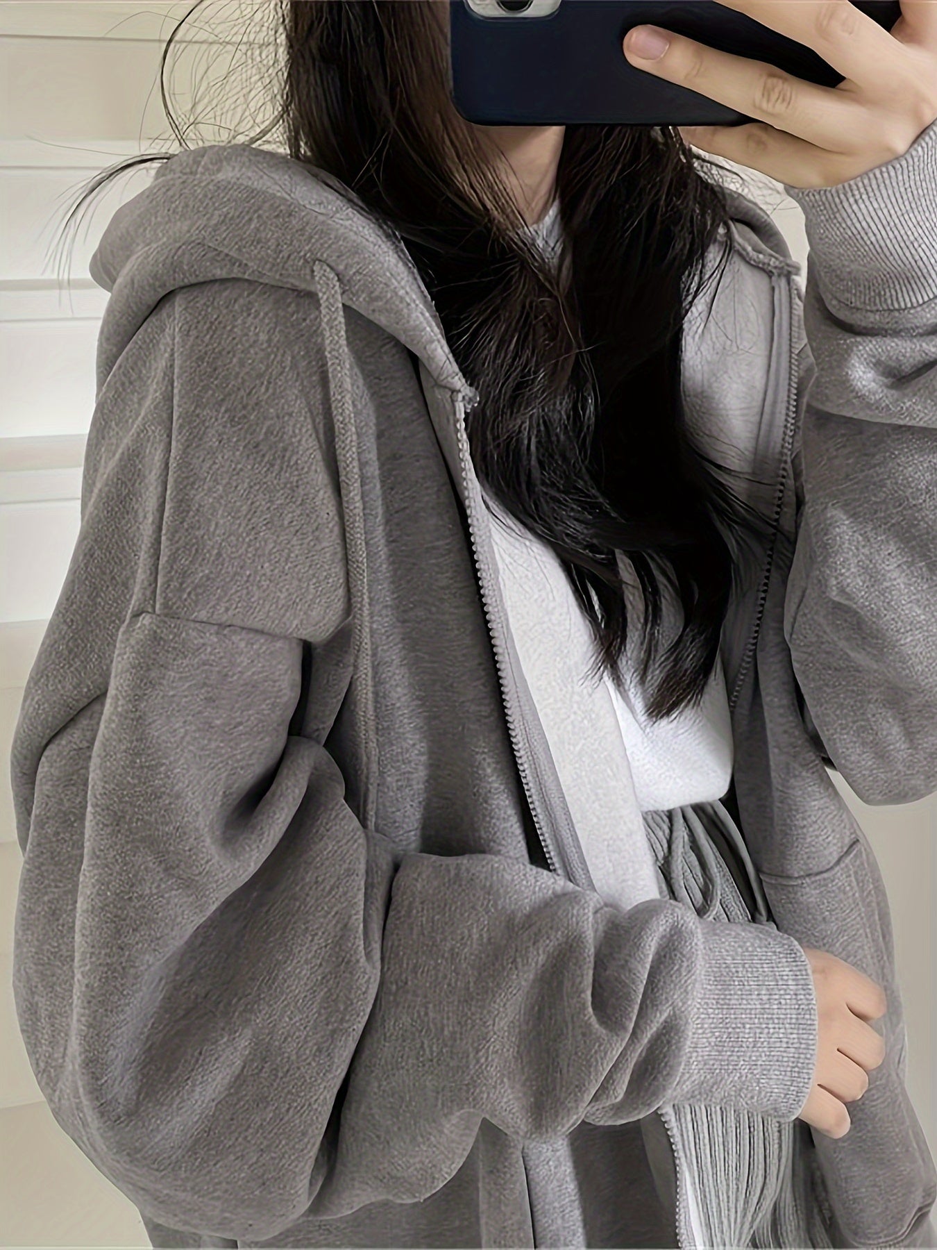 Women's Thickened Fleece Zippered Hooded Sweatshirt Jacket - Oversized Loose Fit Winter Warm Coat with Pockets, Grey Cardigan for Gym, Training & Casual Wear, Full-Zip Closure (No)