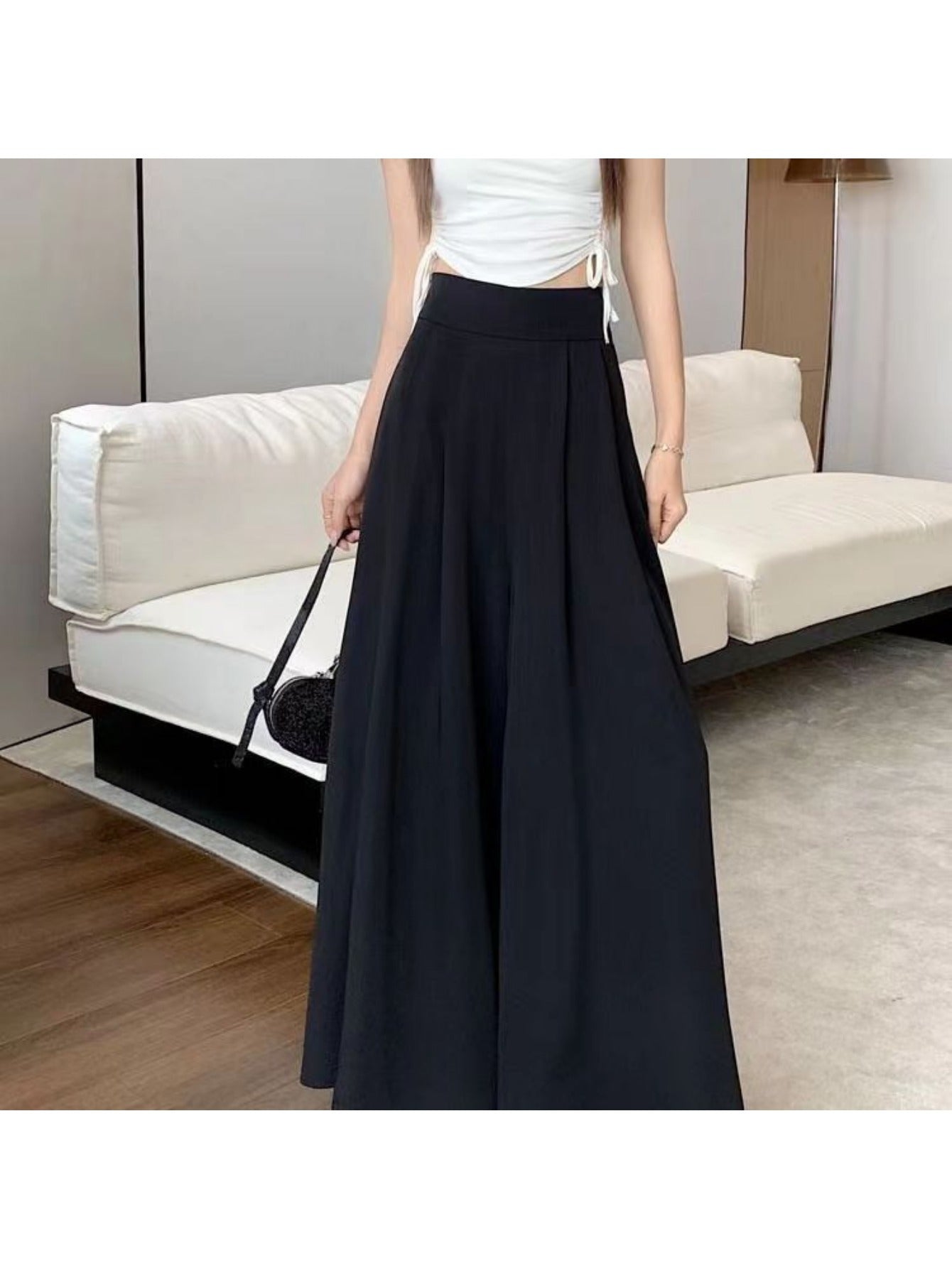 Women'S High-Waist Wide-Leg Pants - Lightweight 150g\u002Fm² Polyester, Solid Color Black, Casual Style, High Elasticity, Machine Washable, Perfect for Spring & Summe